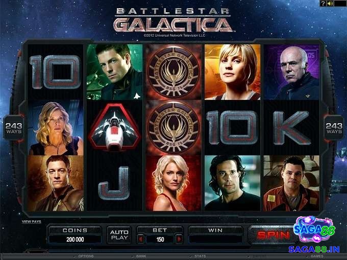 Giao diện chính của slot game Battlestar Galactica với các biểu tượng đặc trưng