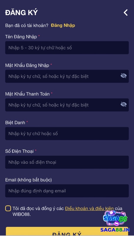 Form điền thông tin đăng ký của web cược Wibo88
